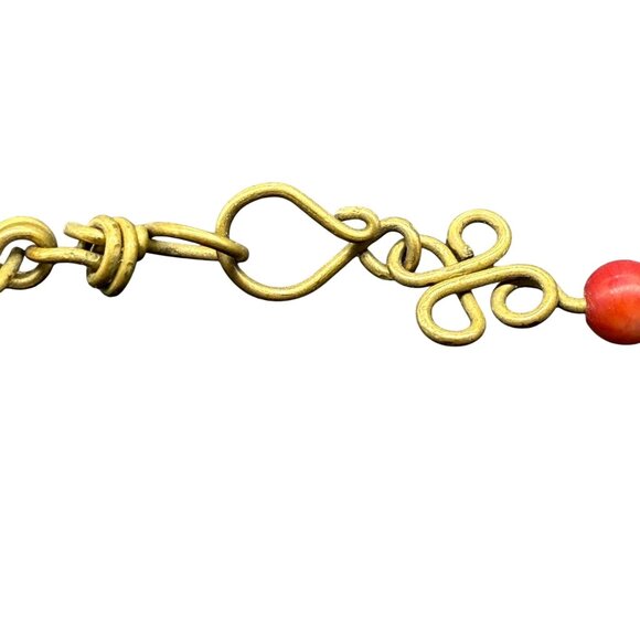 Orange Beaded Floral Filigree Wire Bangle Bracelet Brass Tone Bohemian Boho - Picture 4 of 5